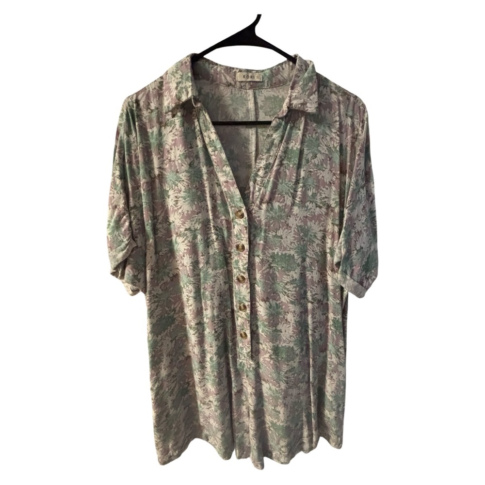 Kori Green & Cream Boho Short Sleeve Floral Button Down Romper Size Large